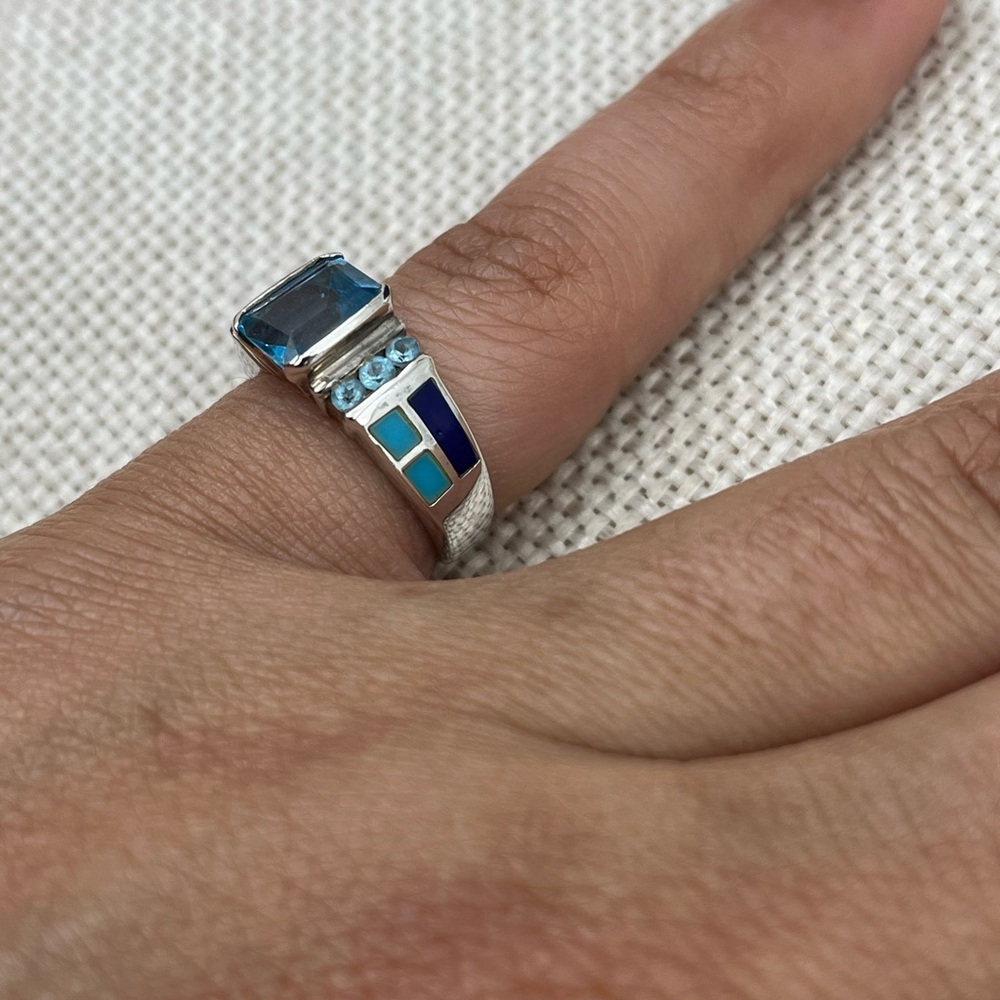 Vintage 925 Sterling Silver Turquoise Lapis Inlay Ring Size 5 - Picture 2 of 16